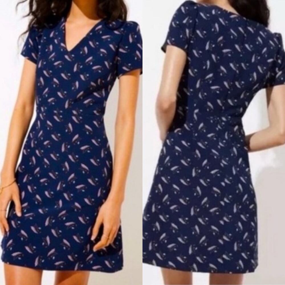 Loft Dress Navy Feathers V-Neck Short Sleeves 8 Pockets New